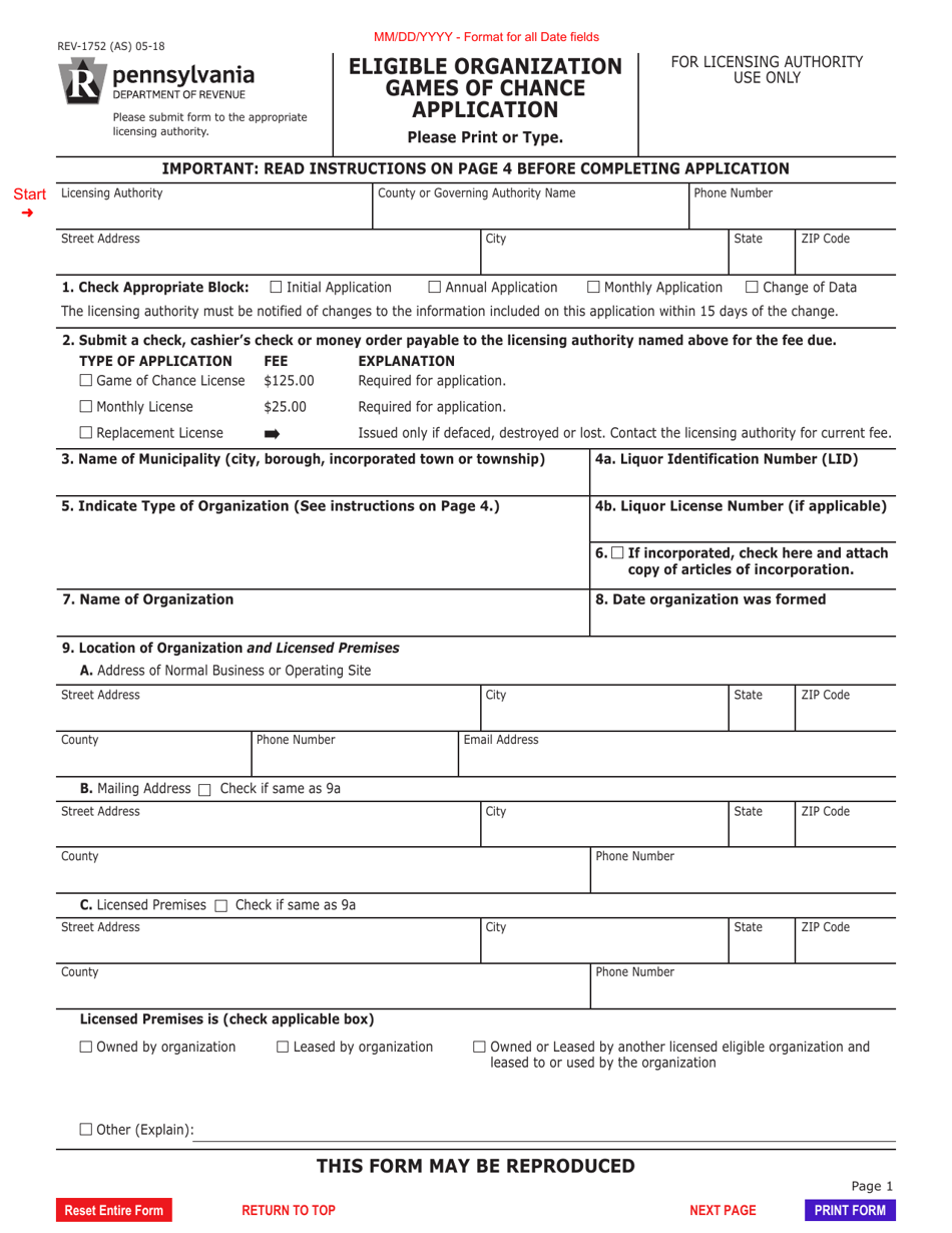 Form REV-1752 Eligible Organization Games of Chance Application - Pennsylvania, Page 1