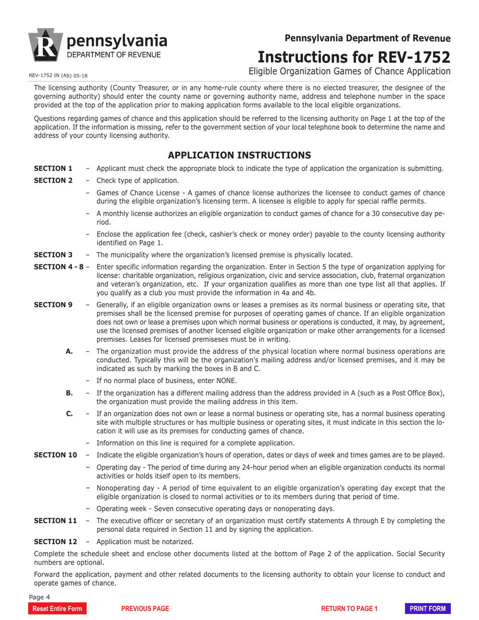 Form REV-1752 Eligible Organization Games of Chance Application - Pennsylvania, Page 4