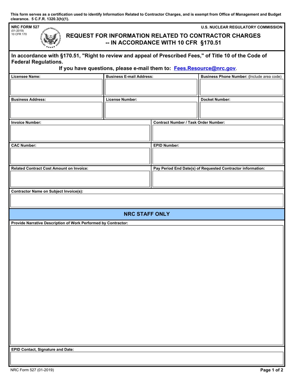 NRC Form 527 Request for Information Related to Contractor Charges, Page 1