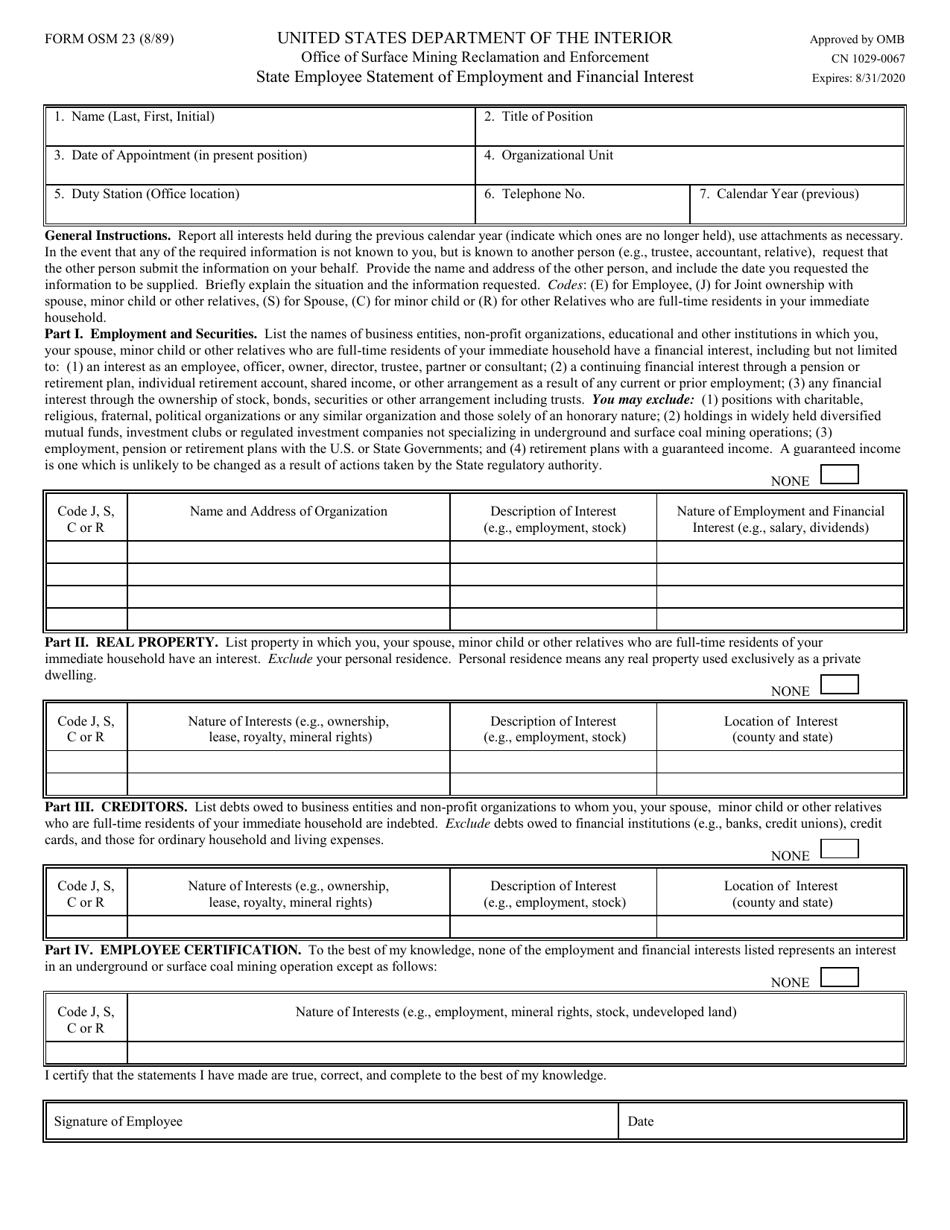 OSMRE Form OSM23 State Employee Statement of Employment and Financial Interest, Page 1