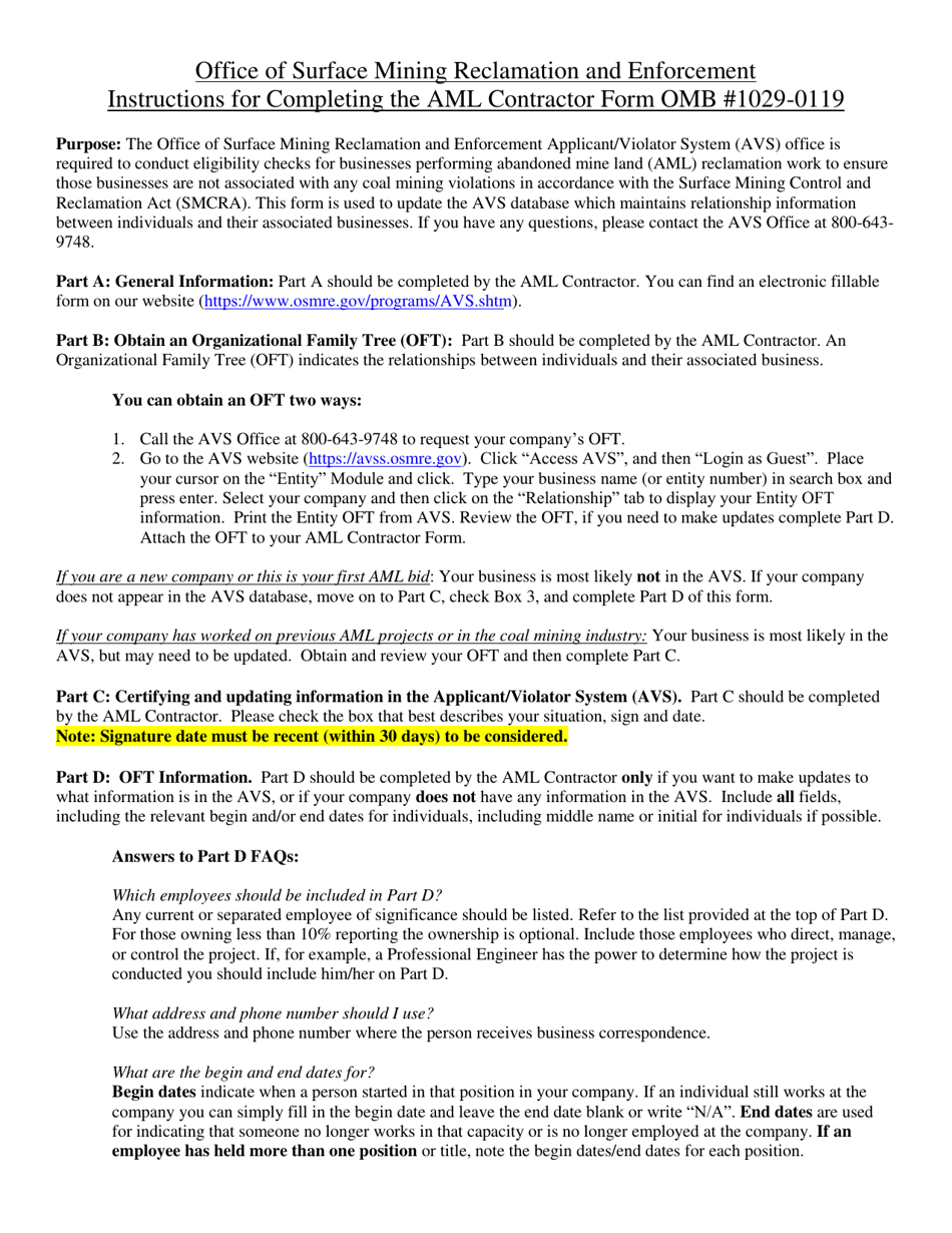 Instructions for Abandoned Mine Lands (Aml) Contractor Information Form, Page 1