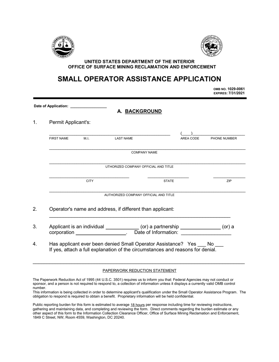 Small Operator Assistance Application Form, Page 1