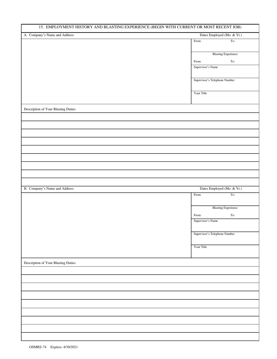 OSMRE Form 74 Application for an Osm Blaster Certificate, Page 3