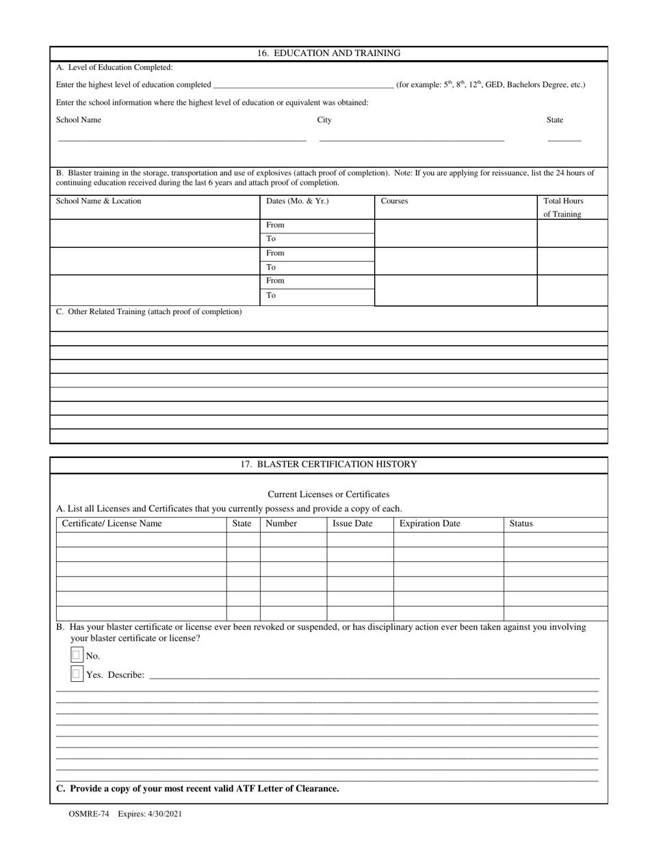 OSMRE Form 74 Application for an Osm Blaster Certificate, Page 5