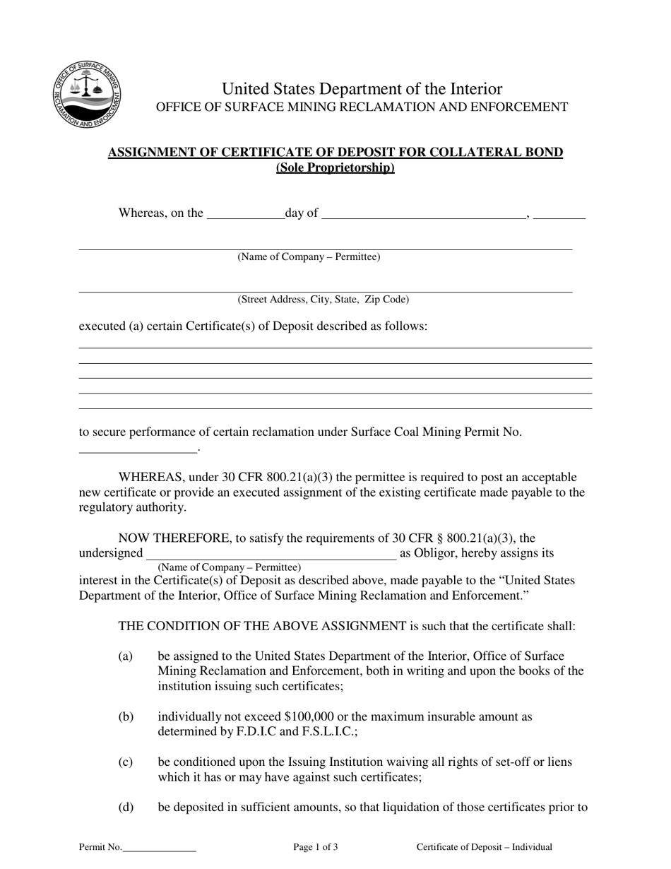 Assignment of Certification of Deposit for Collateral Bond (Sole Proprietorship), Page 1