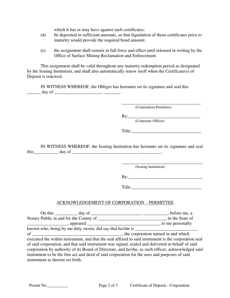 Assignment of Certificate of Deposit for Collateral Bond (Corporation ...