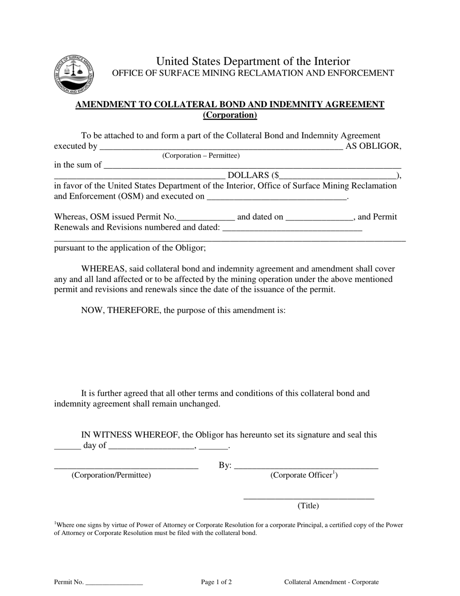 Amendment to Collateral Bond and Indemnity Agreement (Corporation), Page 1