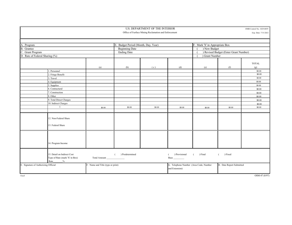 OSMRE Form OSM-47 Budget Information Report, Page 1