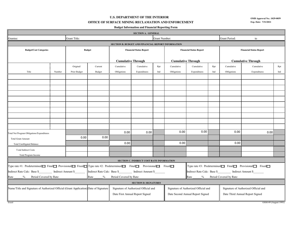 OSMRE Form OSM-49 Budget Information and Financial Reporting Form, Page 1