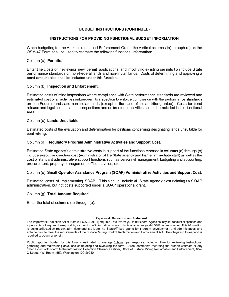 Instructions for OSMRE Form OSM-47 Budget Information Report, Page 3