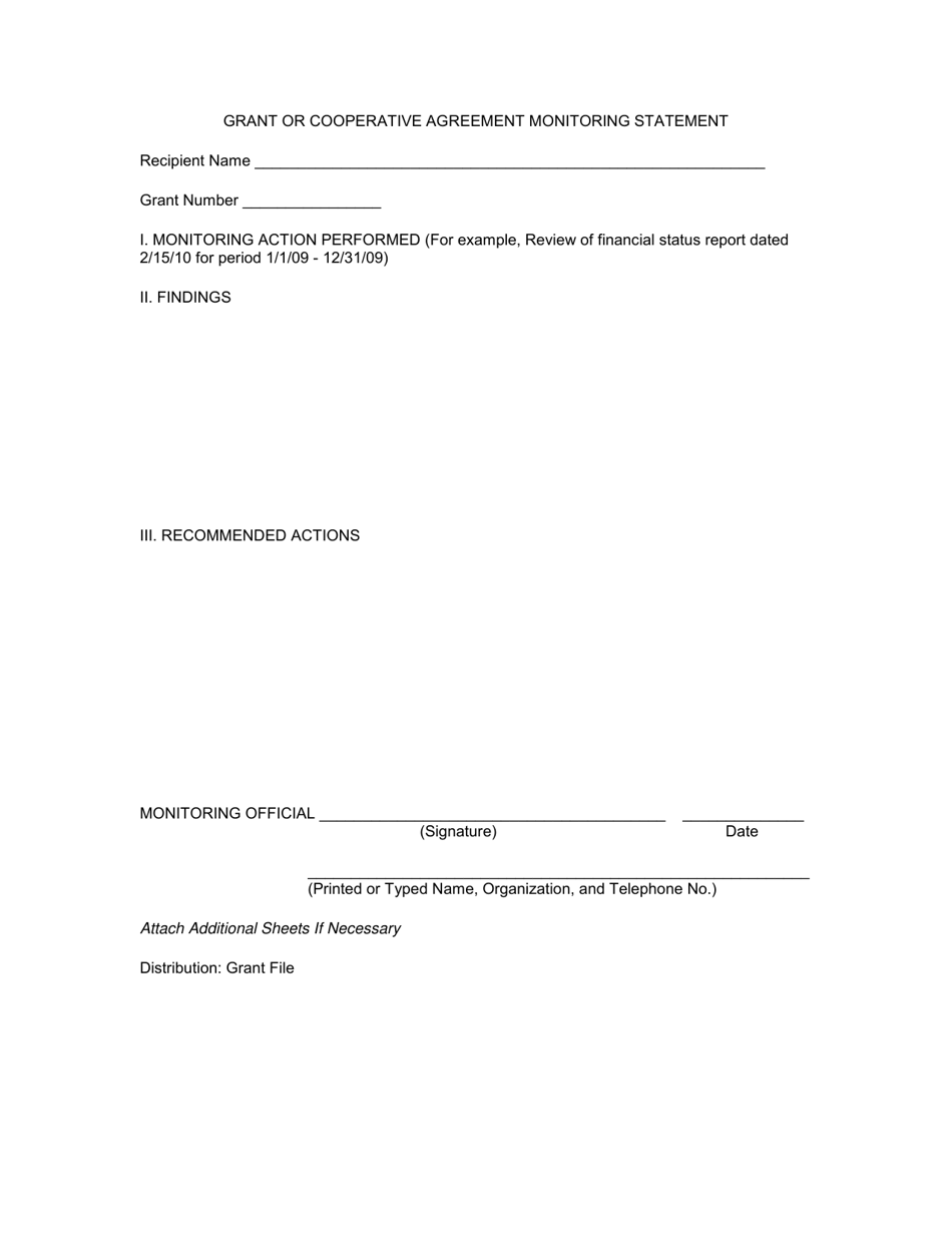 Grant or Cooperative Agreement Monitoring Statement, Page 1