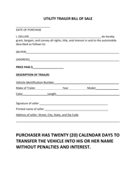 Document preview: Utility Trailer Bill of Sale Form - Coffee County, Alabama