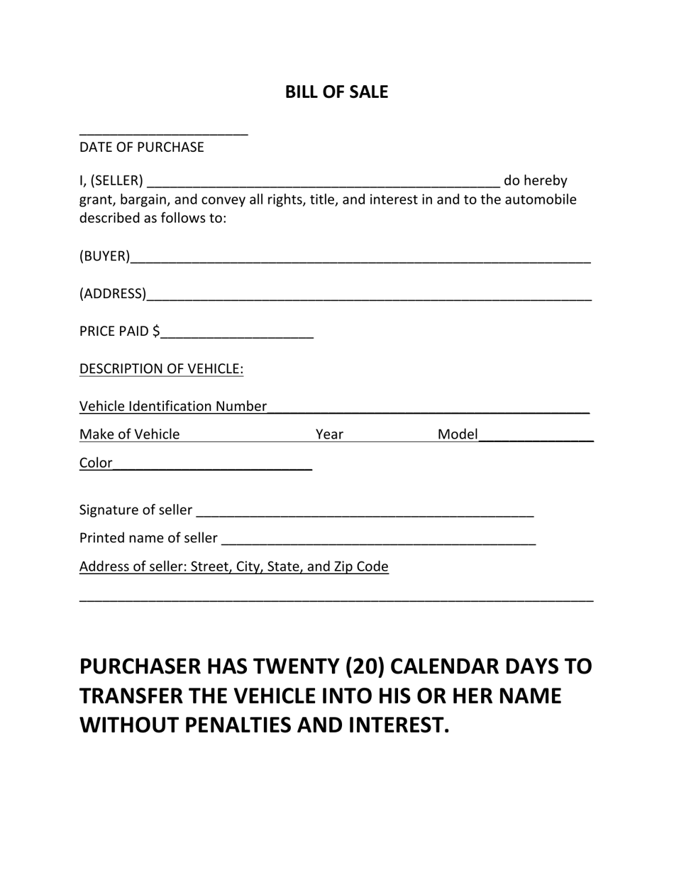 Coffee County, Alabama Vehicle Bill of Sale Form Download Printable PDF