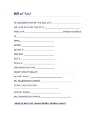 Document preview: Vehicle Bill of Sale Form - Coosa County, Alabama