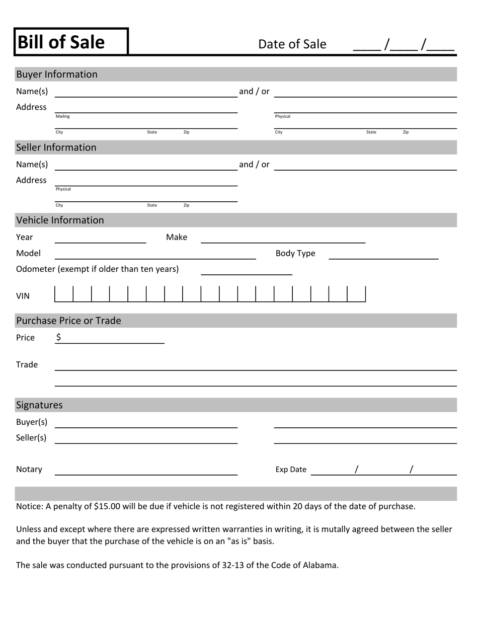 DeKalb County, Alabama Vehicle Bill of Sale Form Download
