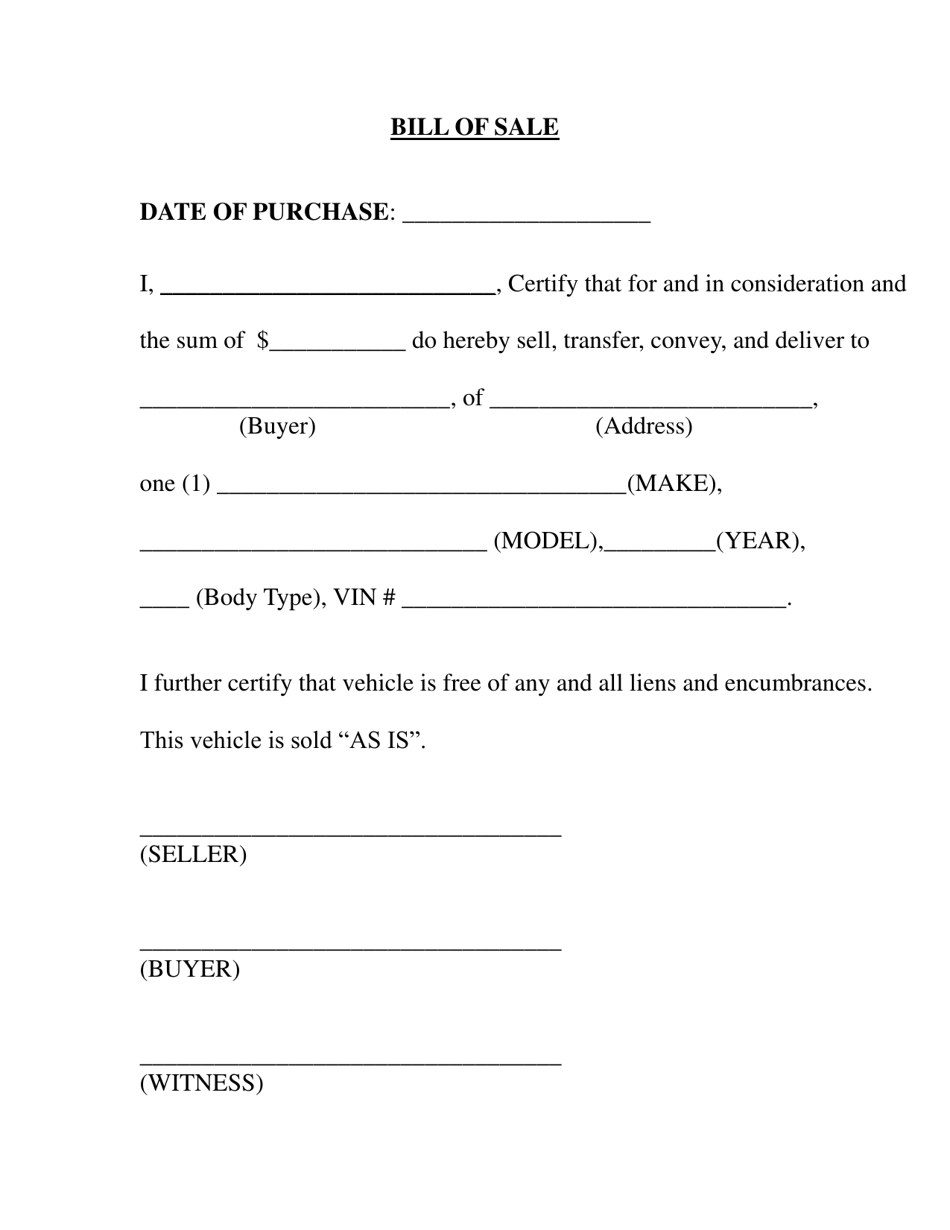 simple bill of sale example for car