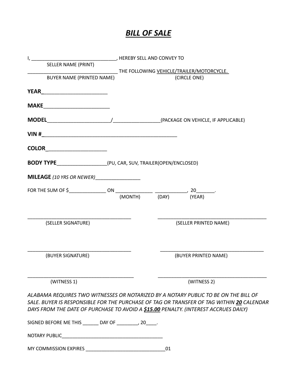 Vehicle/Trailer/Motorcycle Bill of Sale Form - Houston County, Alabama, Page 1