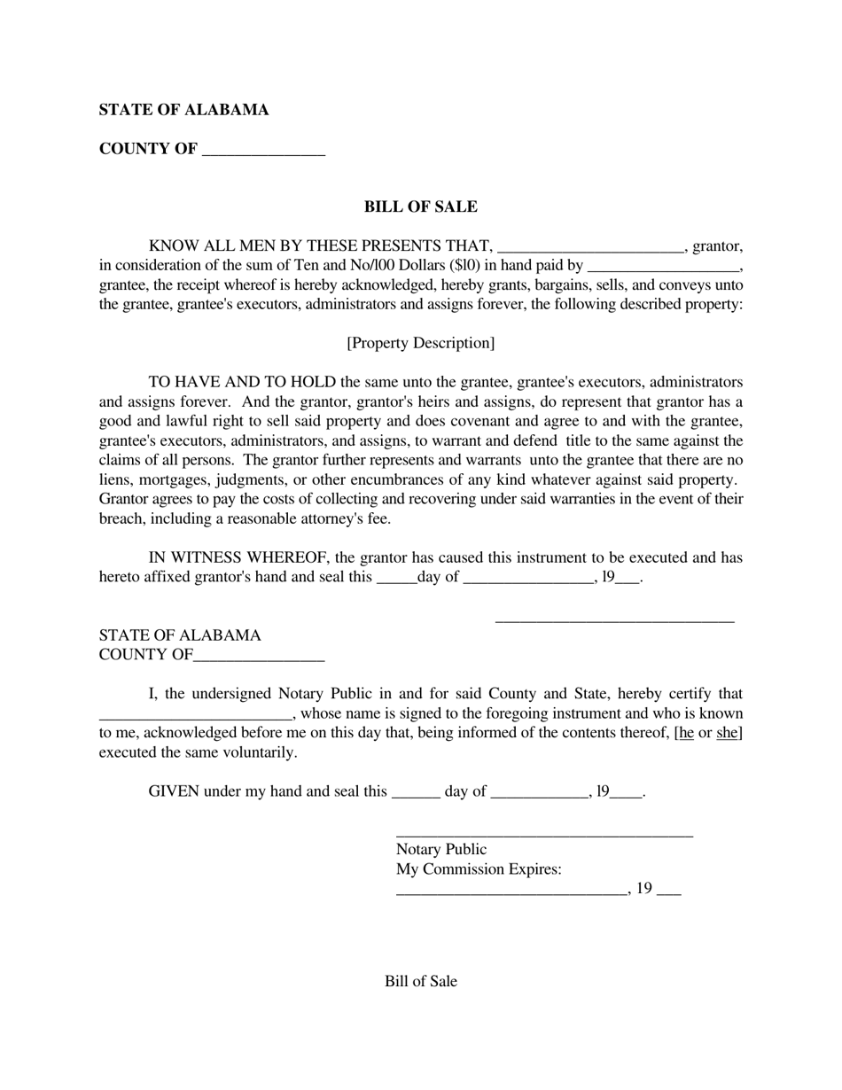 Generic Bill of Sale Form - Lauderdale County, Alabama, Page 1