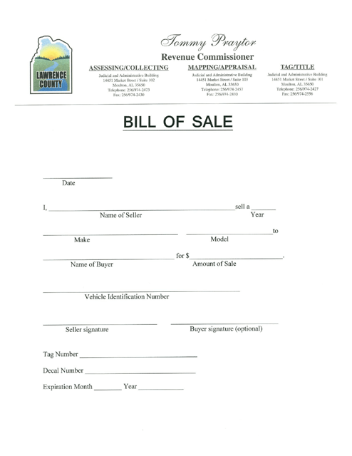 Vehicle Bill of Sale Form - Lawrence County, Alabama Download Pdf