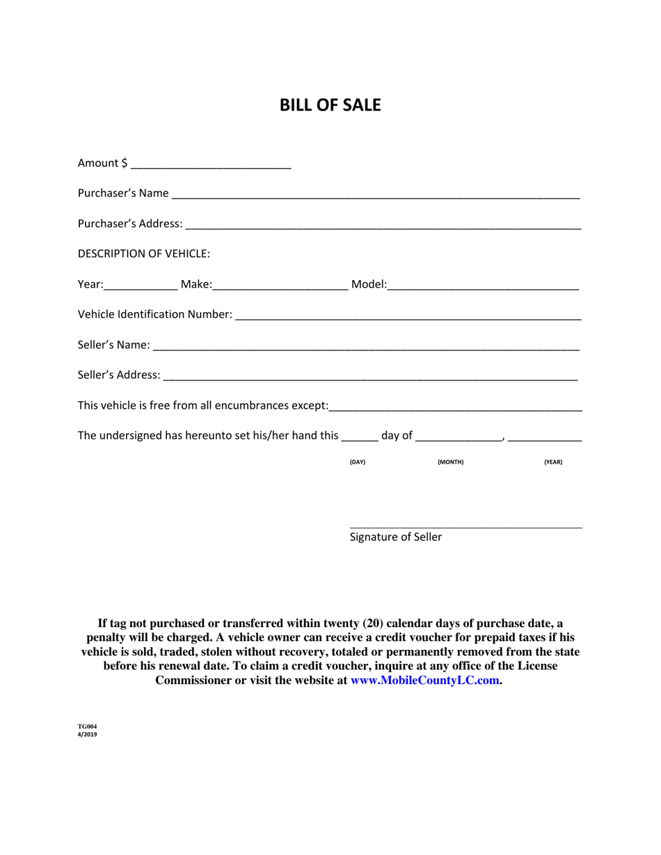 Vehicle Bill of Sale Form - Mobile County, Alabama, Page 1