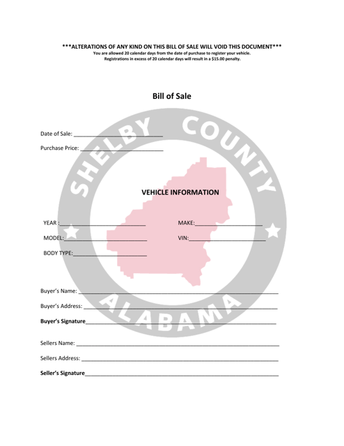 Vehicle Bill of Sale Form - Shelby County, Alabama