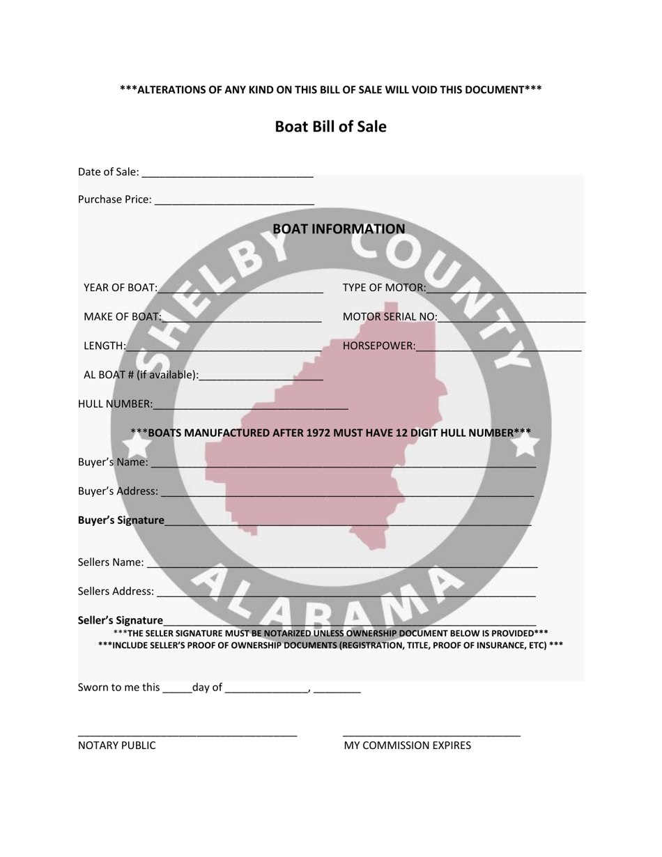 Boat Bill of Sale Form - Shelby County, Alabama, Page 1