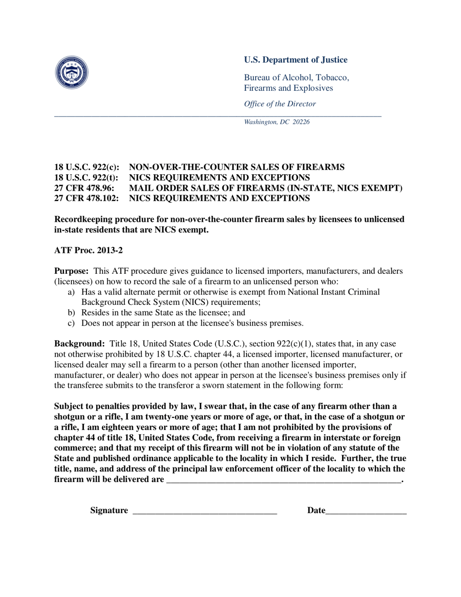 Recordkeeping Procedure for Non-over-the-Counter Firearm Sales by Licensees to Unlicensed in-State Residents That Are Nics Exempt, Page 1