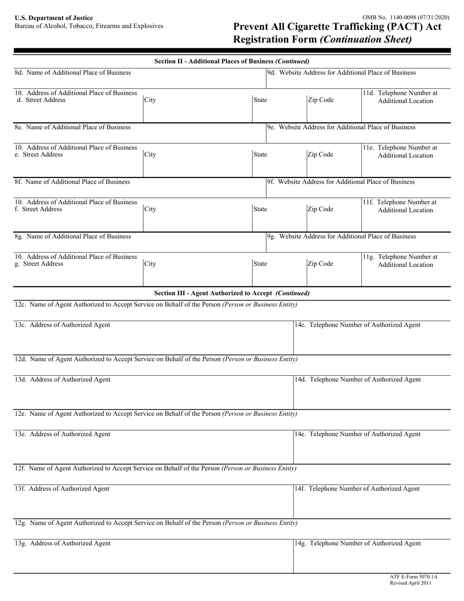 ATF Form 5070.1A Prevent All Cigarette Trafficking (Pact) Act Registration Form (Continuation Sheet), Page 1