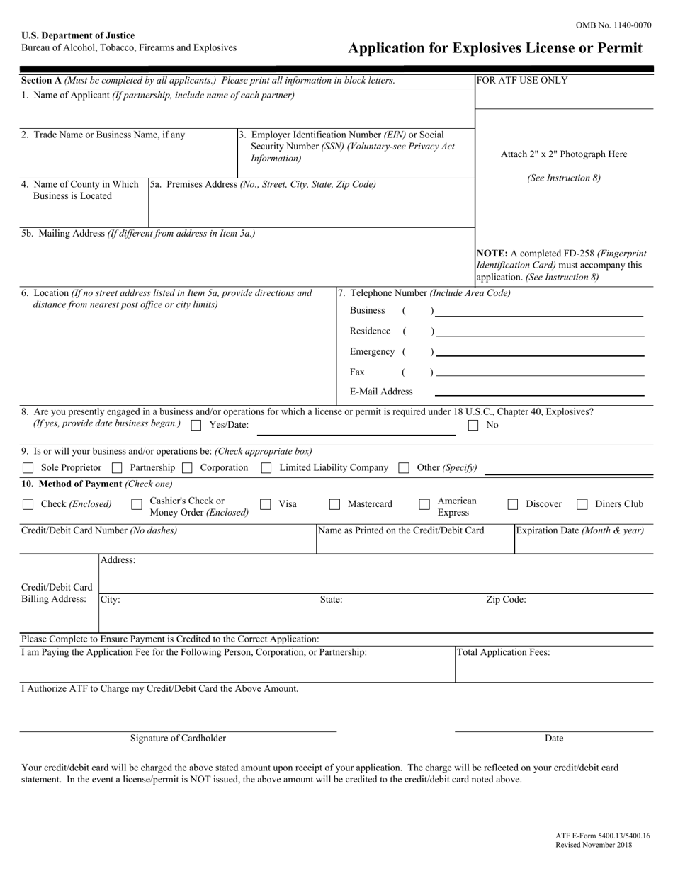 ATF Form 5400.13 (5400.16) Application for Explosives License or Permit, Page 1