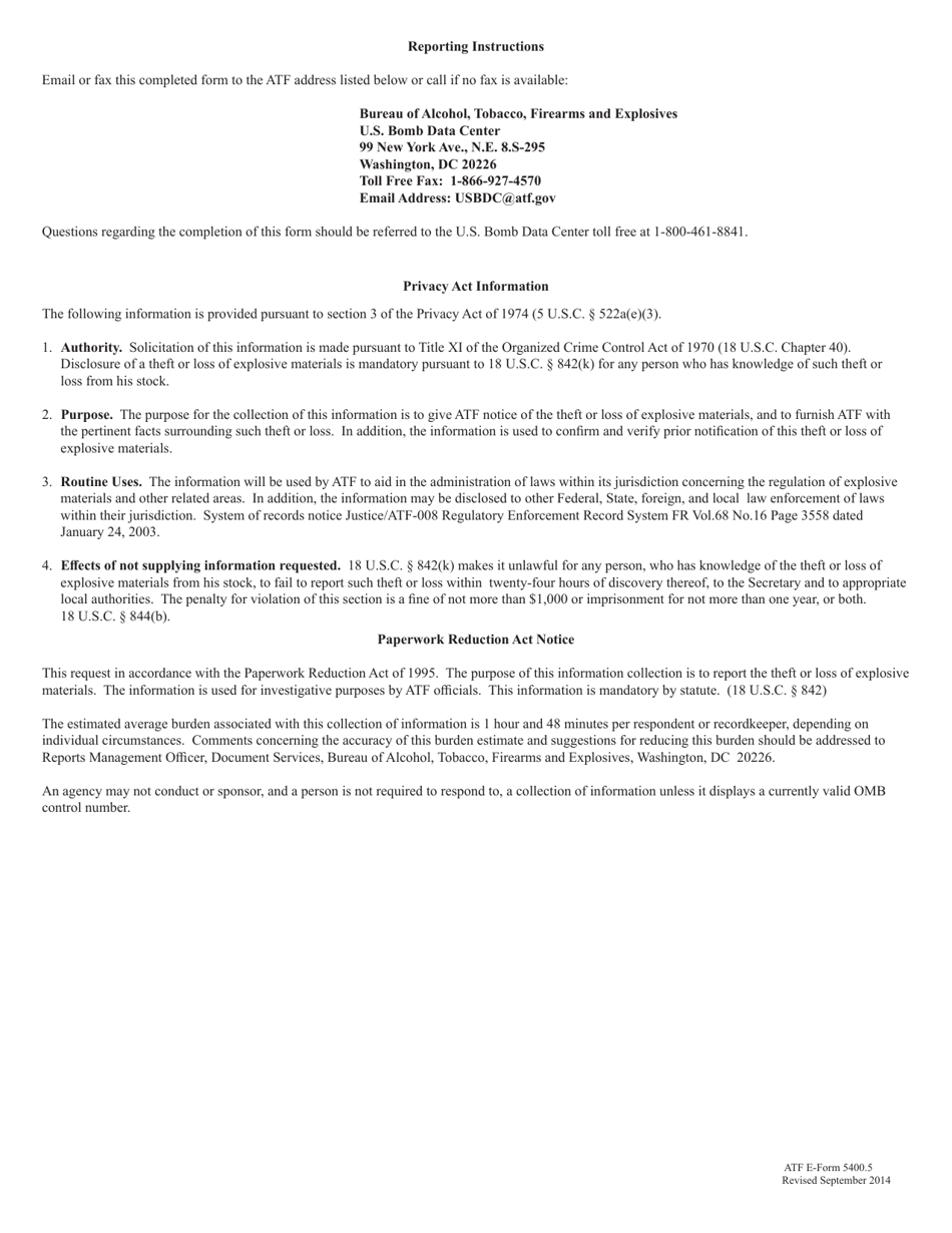 ATF Form 5400.5 Report of Theft or Loss-Explosive Materials, Page 3