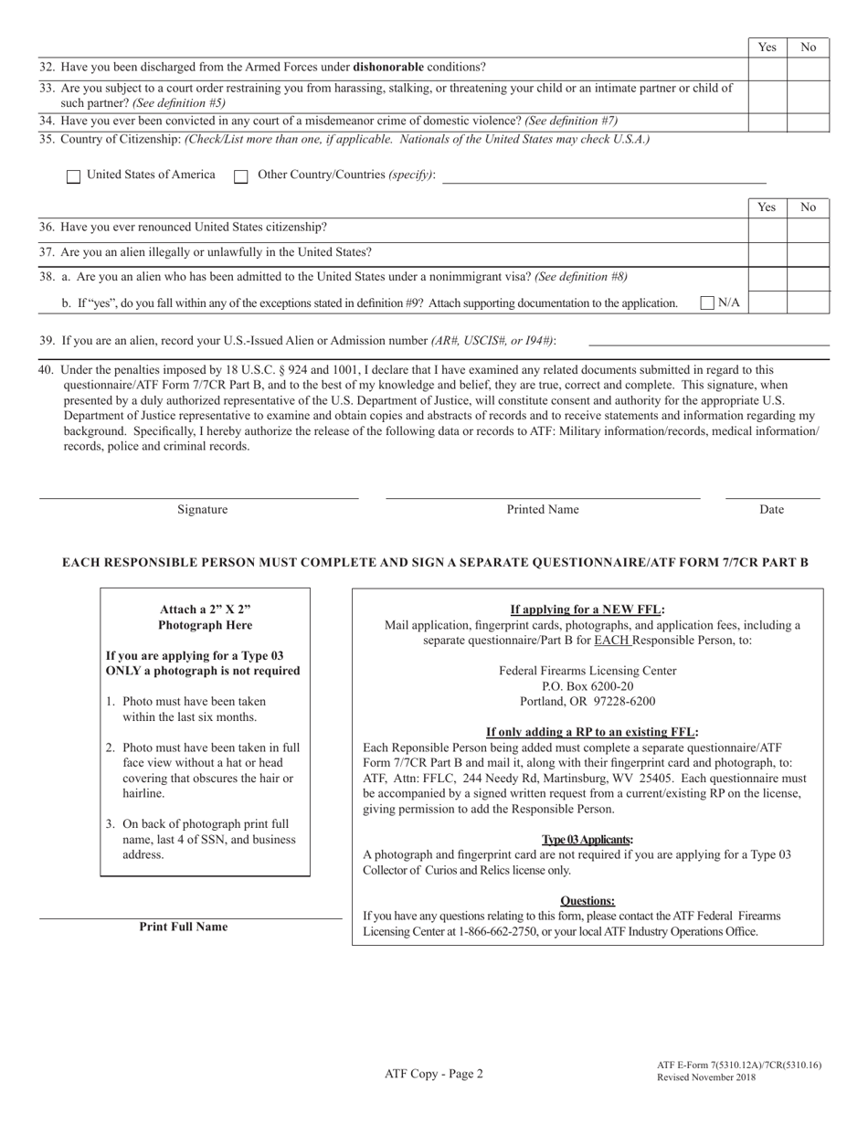 ATF Form 7 / 7CR (5310.12A / 5310.16) Part B Responsible Person Questionnaire (Supplement for Use by Additional Responsible Persons), Page 2