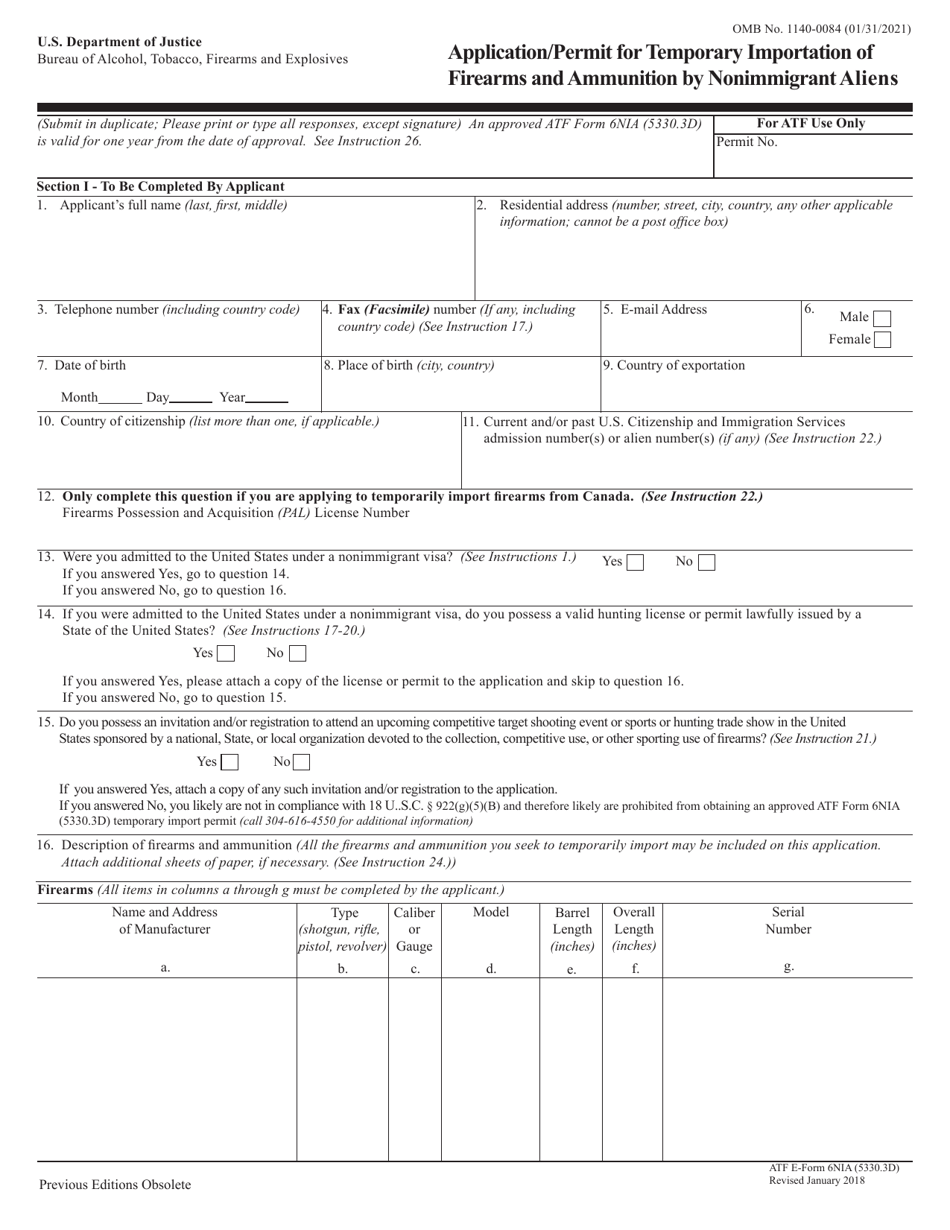 ATF Form 5330.3D (6NIA) Application / Permit for Temporary Importation of Firearms and Ammunition by Nonimmigrant Aliens, Page 1