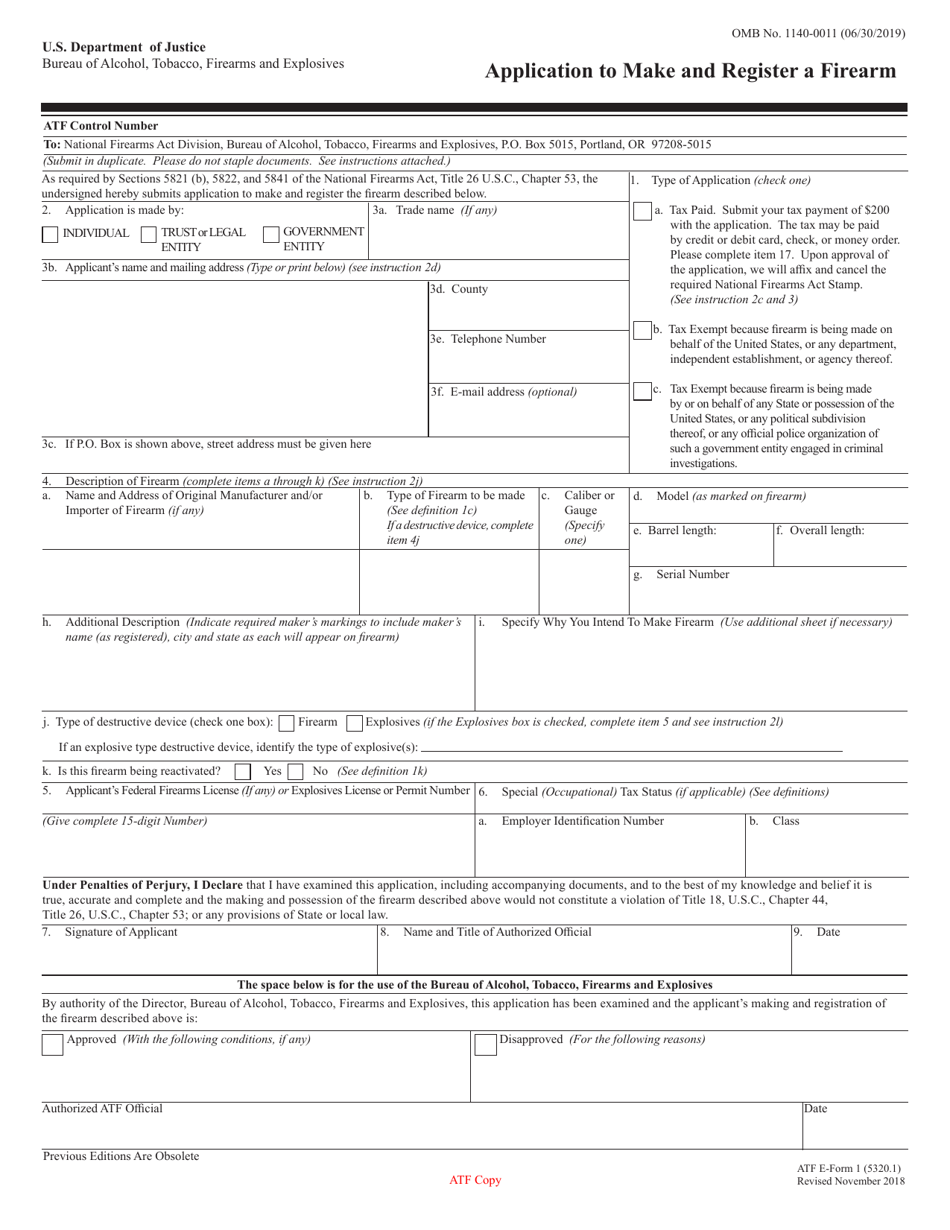 ATF Form 1 (5320.1) Application to Make and Register a Firearm, Page 1