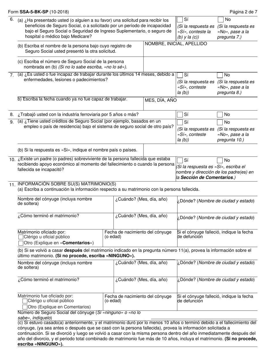 Formulario SSA-5-BK-SP Solicitud De Beneficios Por Seguro De Madre O Padre (Spanish), Page 2