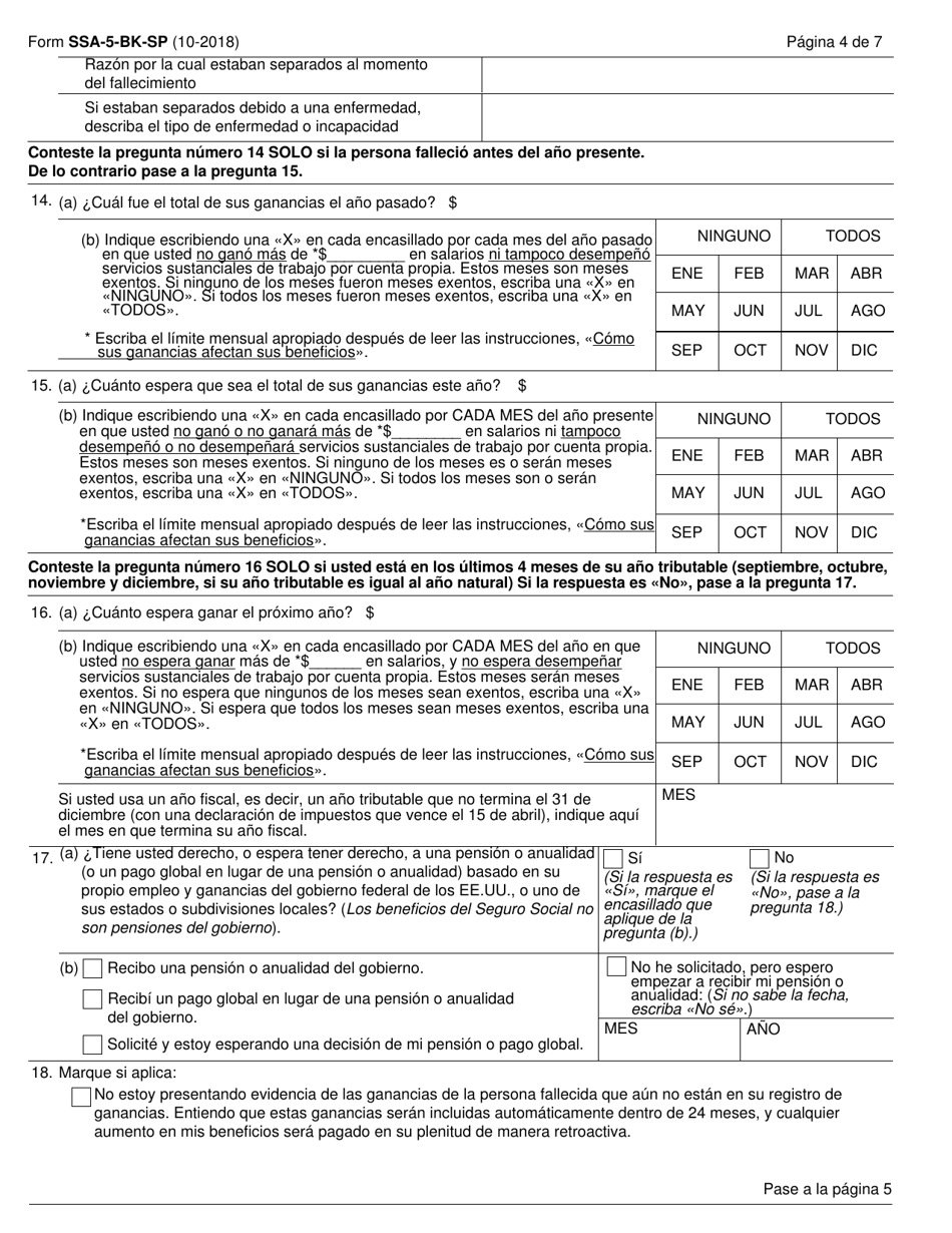 Formulario SSA-5-BK-SP Solicitud De Beneficios Por Seguro De Madre O Padre (Spanish), Page 4