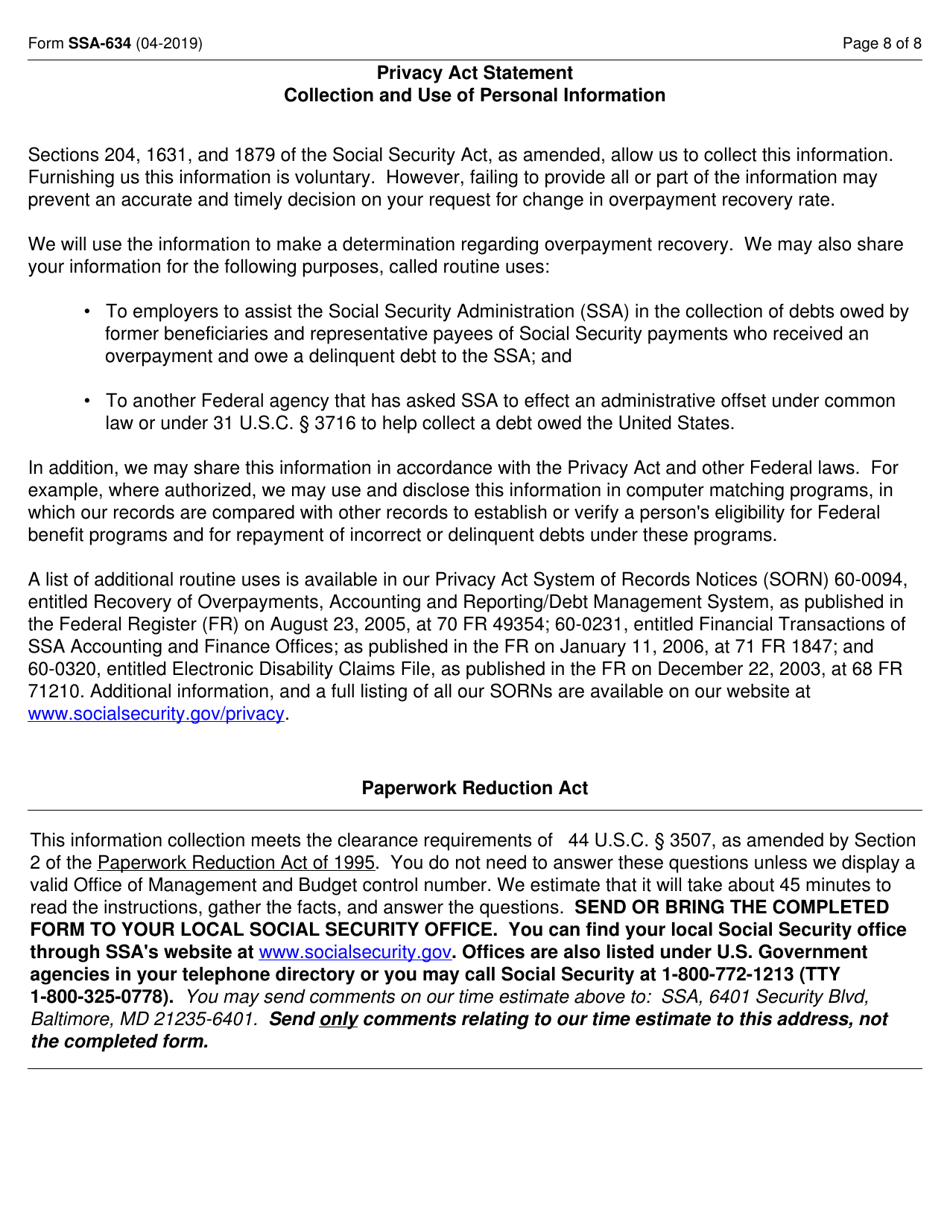 Form SSA-634 Request for Change in Overpayment Recovery Rate, Page 8