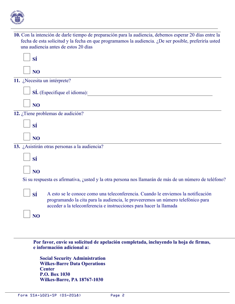 Formulario SSA-1021-SP Apelacion De La Determinacion Por El Beneficio Adicional De Ayuda Para Los Costos Por Medicamentos De Medicare (Spanish), Page 2