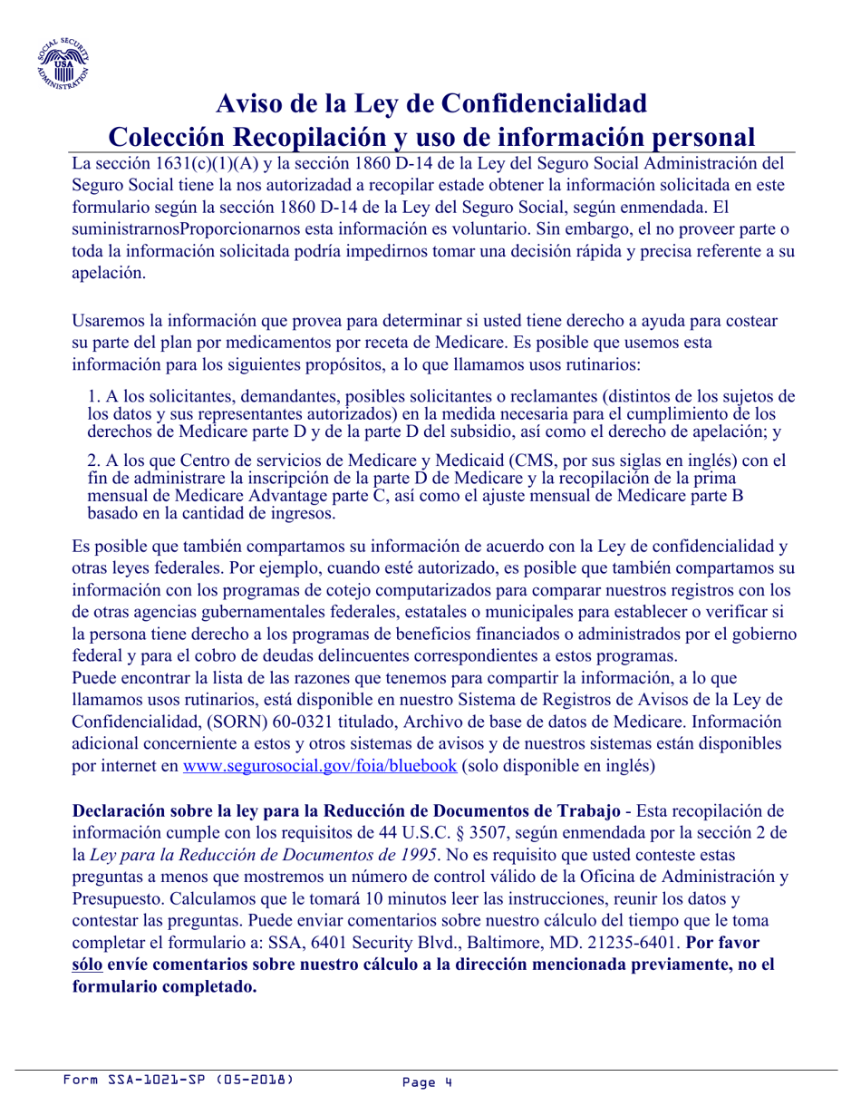 Formulario SSA-1021-SP Apelacion De La Determinacion Por El Beneficio Adicional De Ayuda Para Los Costos Por Medicamentos De Medicare (Spanish), Page 4