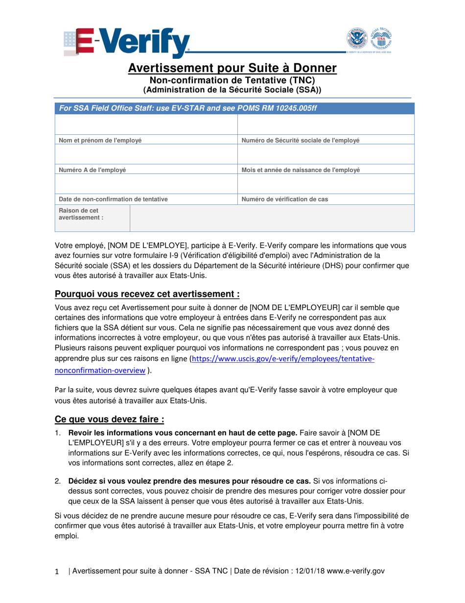 Further Action Notice - Tentative Nonconfirmation (Tnc) (French), Page 1