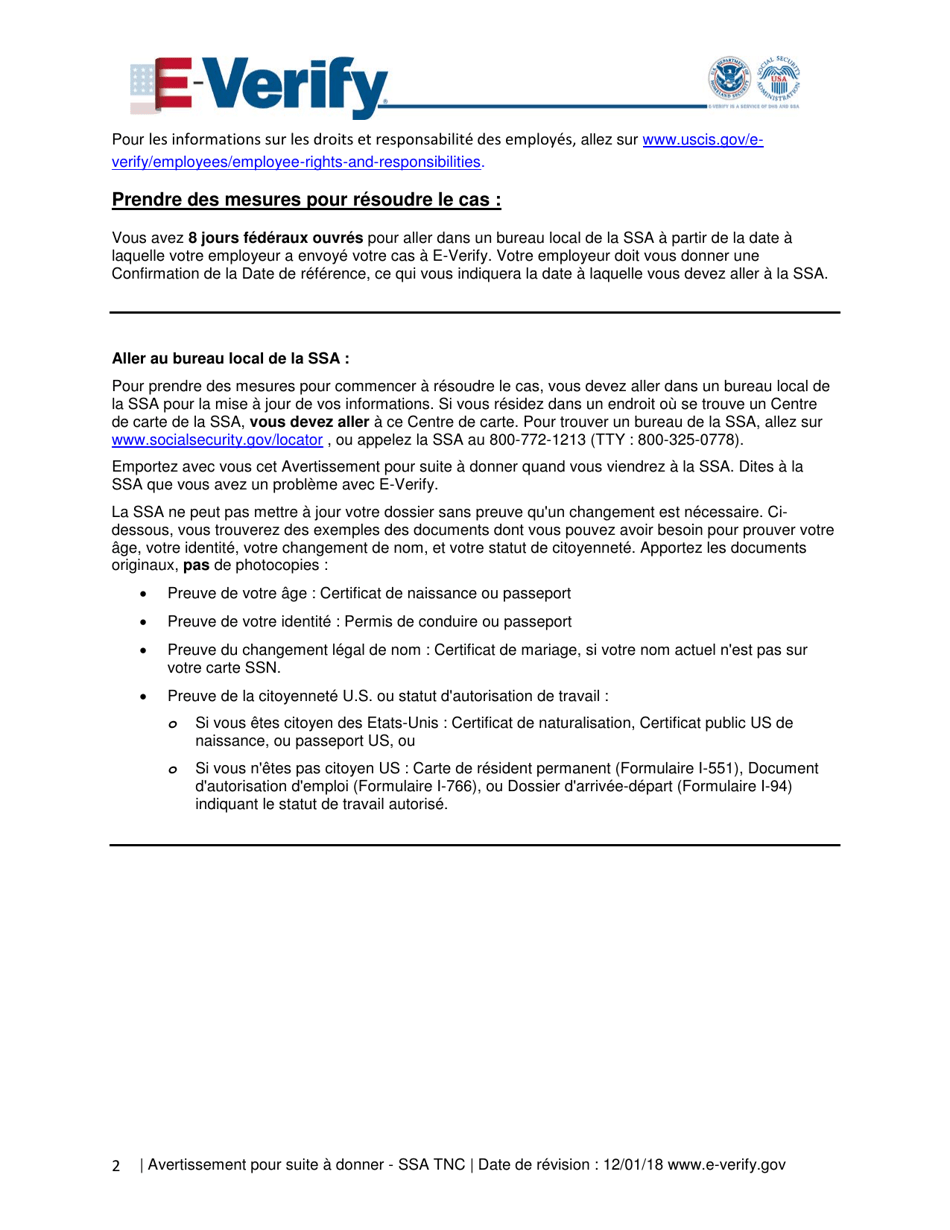Further Action Notice - Tentative Nonconfirmation (Tnc) (French), Page 2