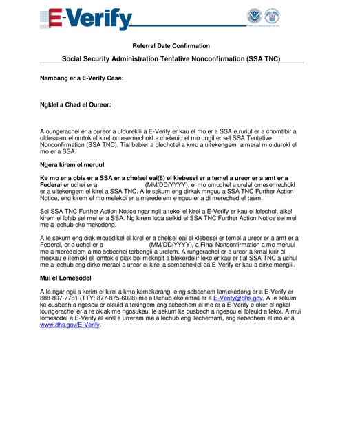 Referral Date Confirmation - Social Security Administration Tentative Nonconfirmation (Ssa Tnc) (Palauan) Download Pdf