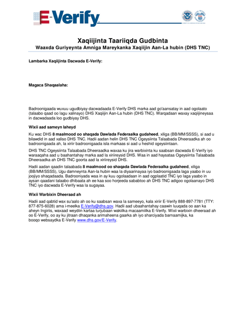 Referral Date Confirmation - U.s Department of Homeland Security Tentative Nonconfirmation (DHS Tnc) (Somali) Download Pdf