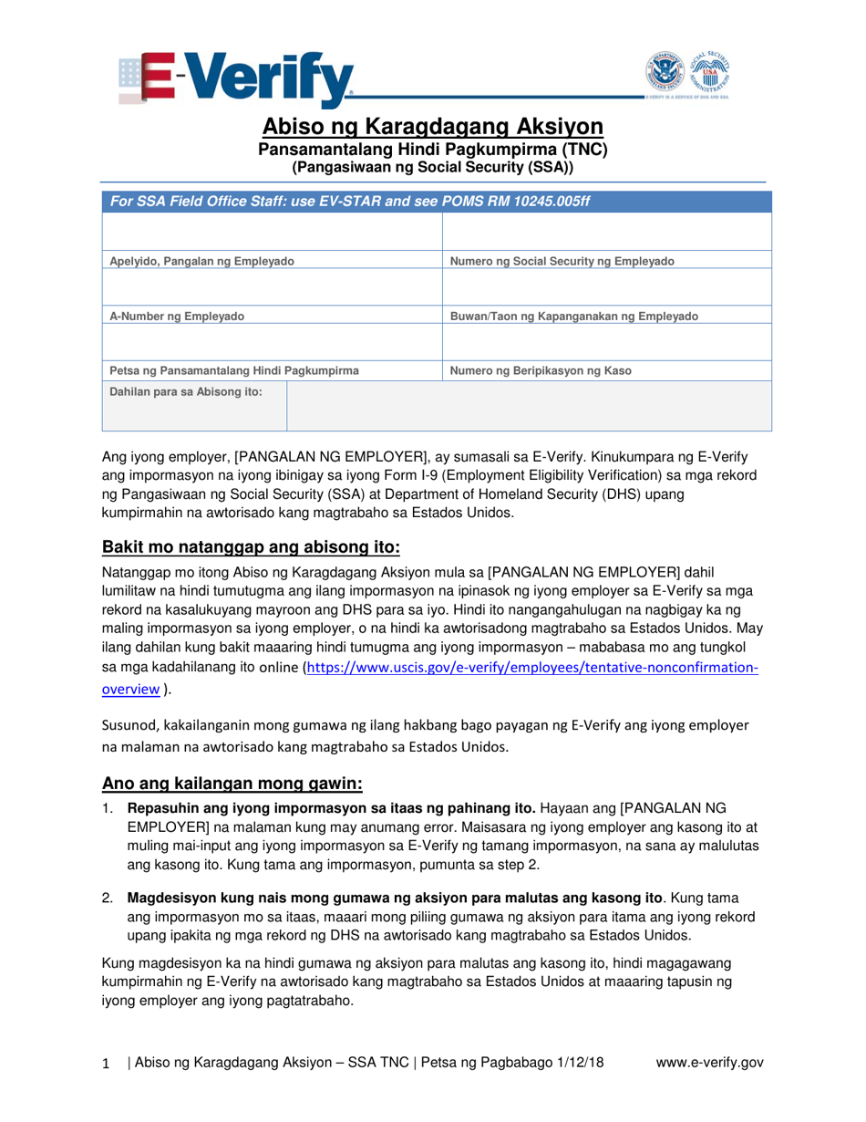 Further Action Notice Social Security Administration Tentative Nonconfirmation (Ssa Tnc) (Tagalog), Page 1