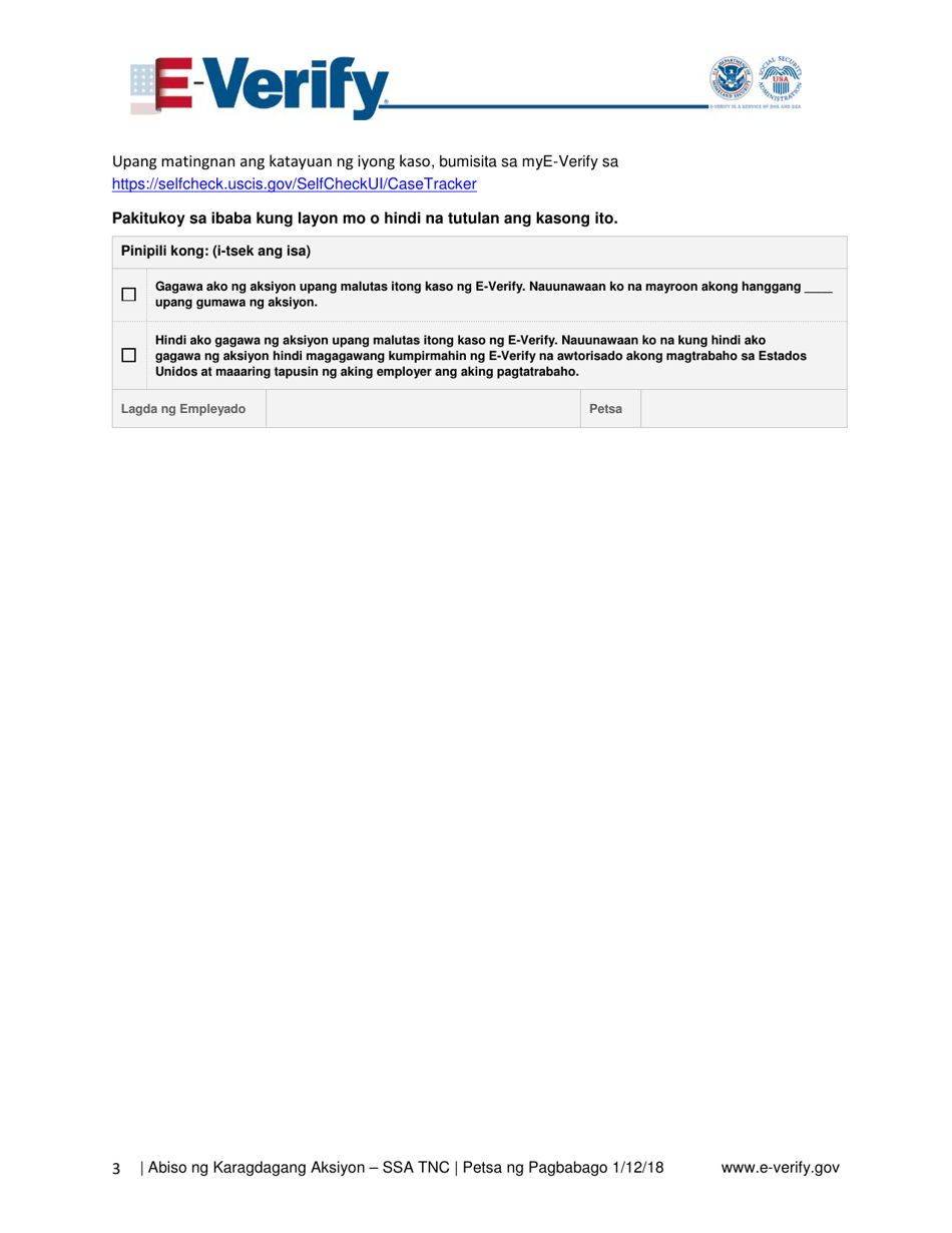 Further Action Notice Social Security Administration Tentative Nonconfirmation (Ssa Tnc) (Tagalog), Page 3