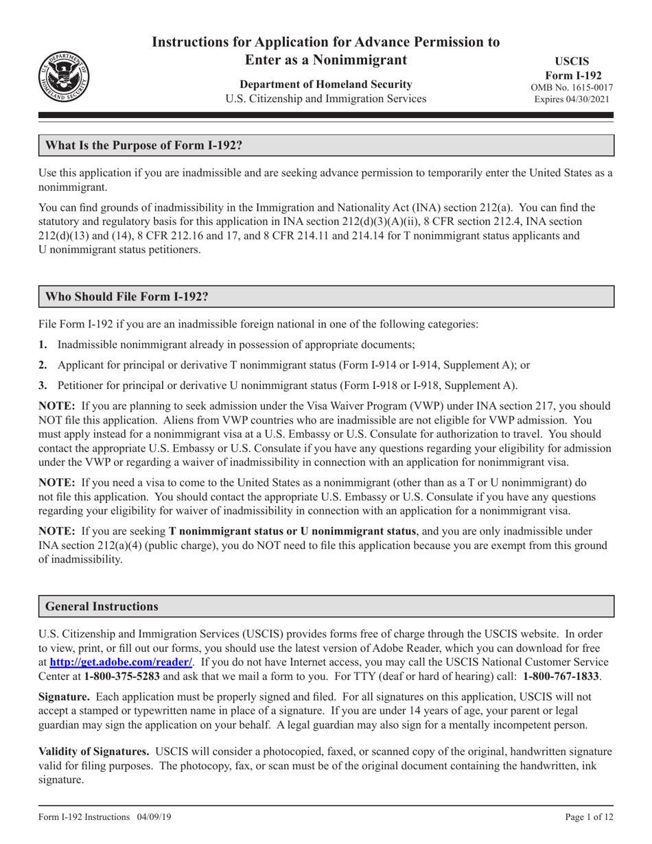 Download Instructions for USCIS Form I-192 Application for Advance ...