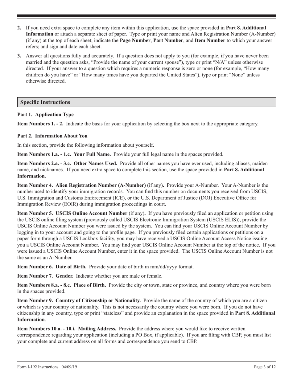 Instructions for USCIS Form I-192 Application for Advance Permission to Enter as a Nonimmigrant, Page 3