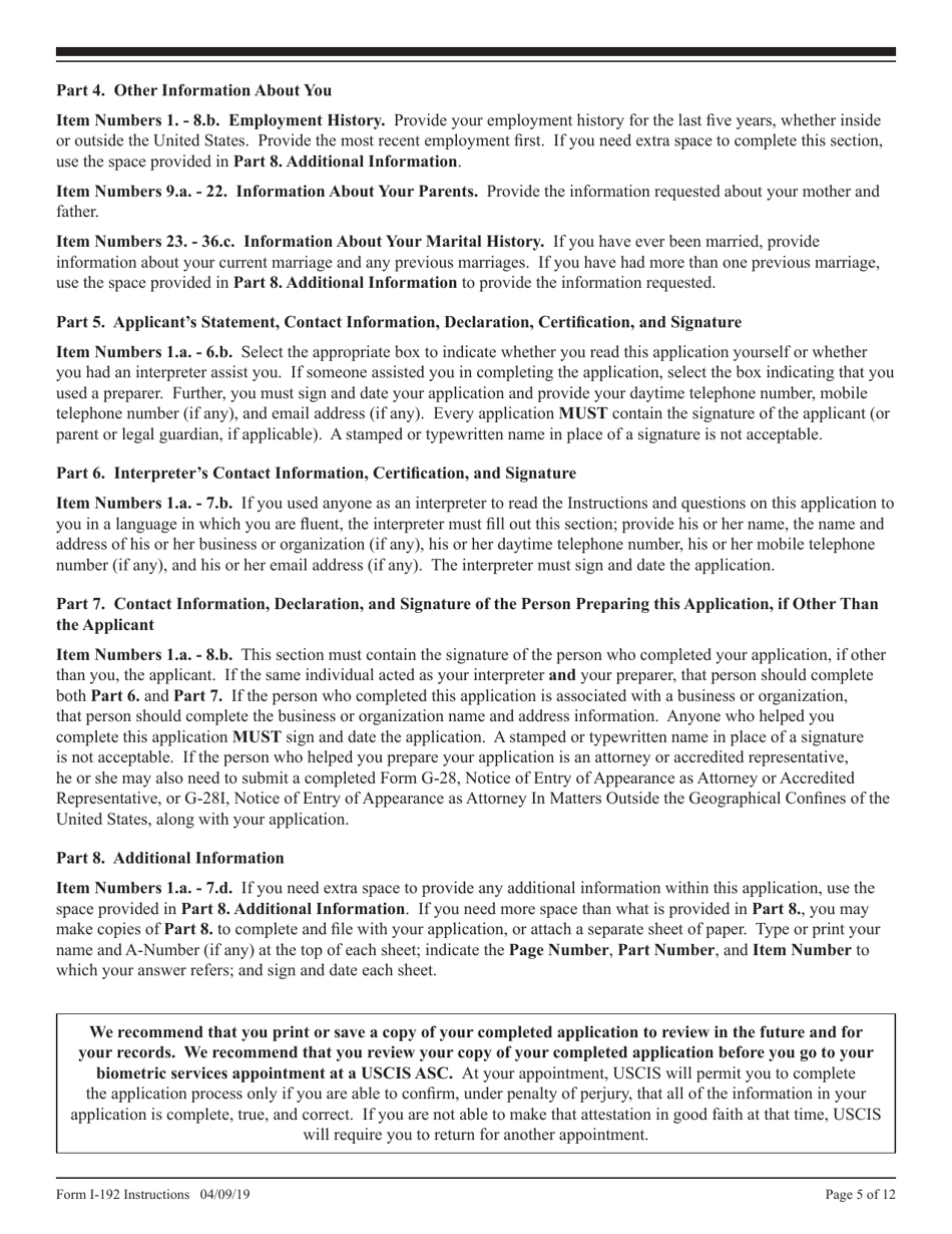 Instructions for USCIS Form I-192 Application for Advance Permission to Enter as a Nonimmigrant, Page 5