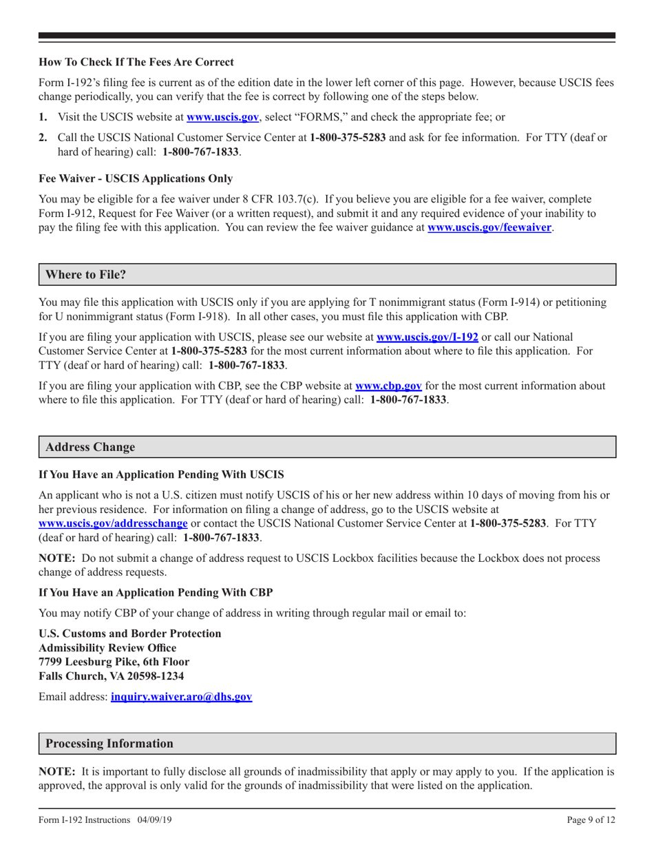 Instructions for USCIS Form I-192 Application for Advance Permission to Enter as a Nonimmigrant, Page 9