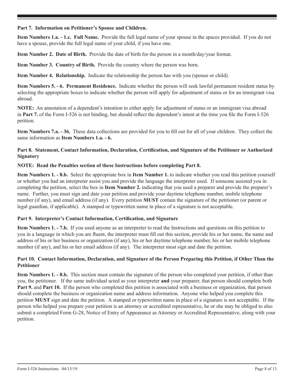 Instructions for USCIS Form I-526 Immigrant Petition by Alien Entrepreneur, Page 8