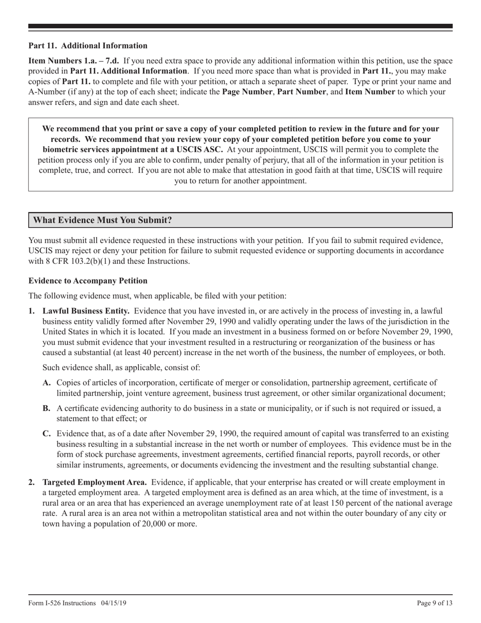 Instructions for USCIS Form I-526 Immigrant Petition by Alien Entrepreneur, Page 9